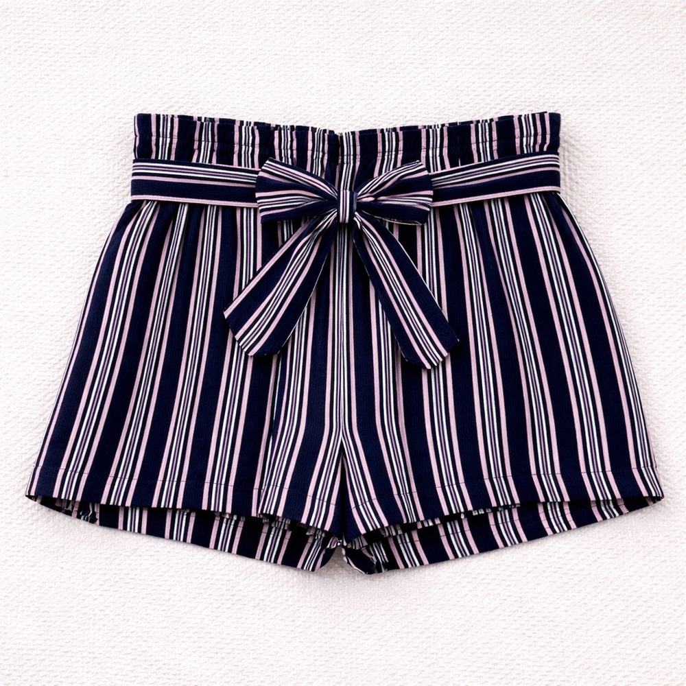 Loft Outlet Womens Large Navy Pink Striped Paperbag Waist Tie Shorts L